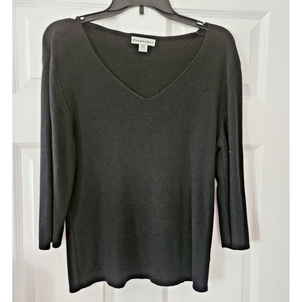 Parkhurst Women's V Neck Sweater with 3/4 Sleeve in Black Size Medium